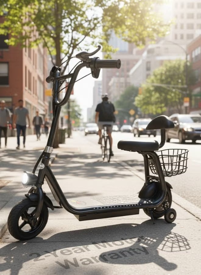 Electric scooter for kids with seat and rear basket, 36V battery, 3 speeds, front and side lights, Bluetooth - Image 1