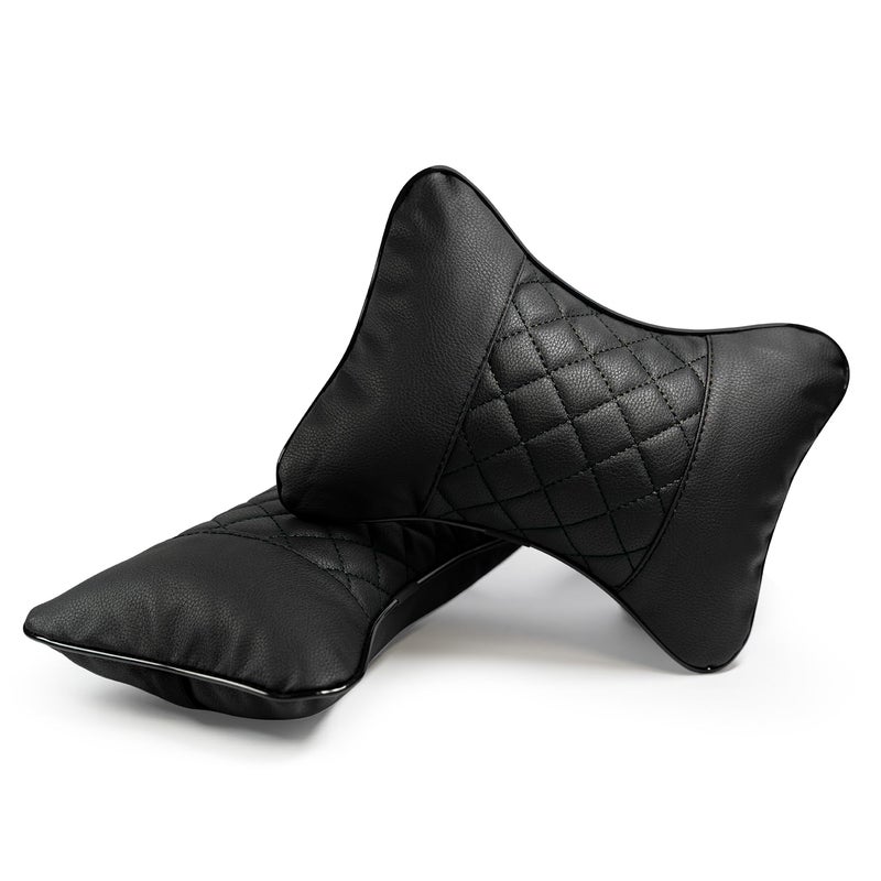 Synterior Set of 2 Quilted Faux Leather Car Headrest Pillow, Black Case/Black Threading, Ergonomic Neck Support for Comfortable Driving - Image 2