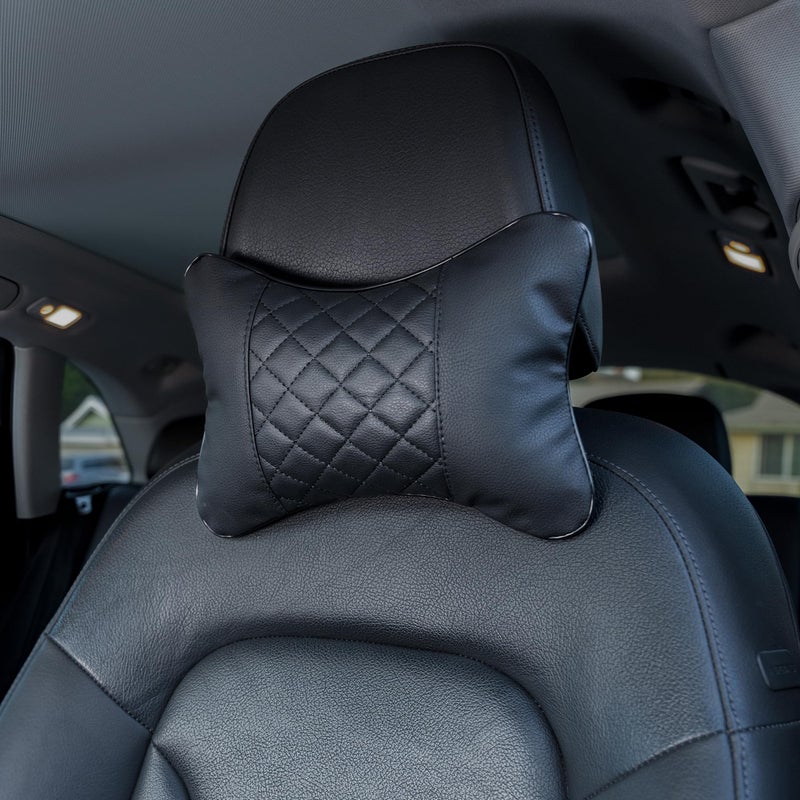 Synterior Set of 2 Quilted Faux Leather Car Headrest Pillow, Black Case/Black Threading, Ergonomic Neck Support for Comfortable Driving - Image 1