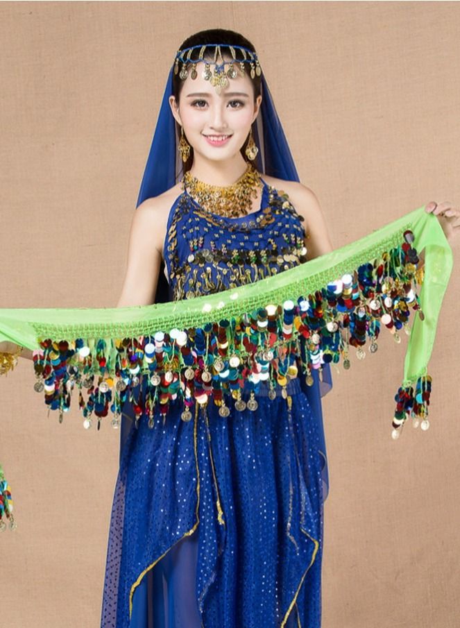 Loquat Colorful Sequin And Coins Pendant Waist Chain Skirt Sparkly Belly Dance Tassel Waist Wrap Belt Skirts Party Rave Costume Light Green Mix