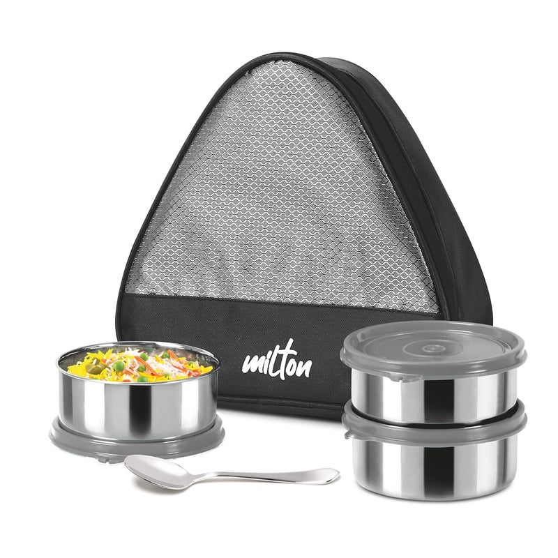 Milton MILTON Trident Stainless Steel Lunch Box (3 Leak Proof Round Containers, 320 ml Each, 1 Spoon) with Insulated Jacket, Grey  - Image 1
