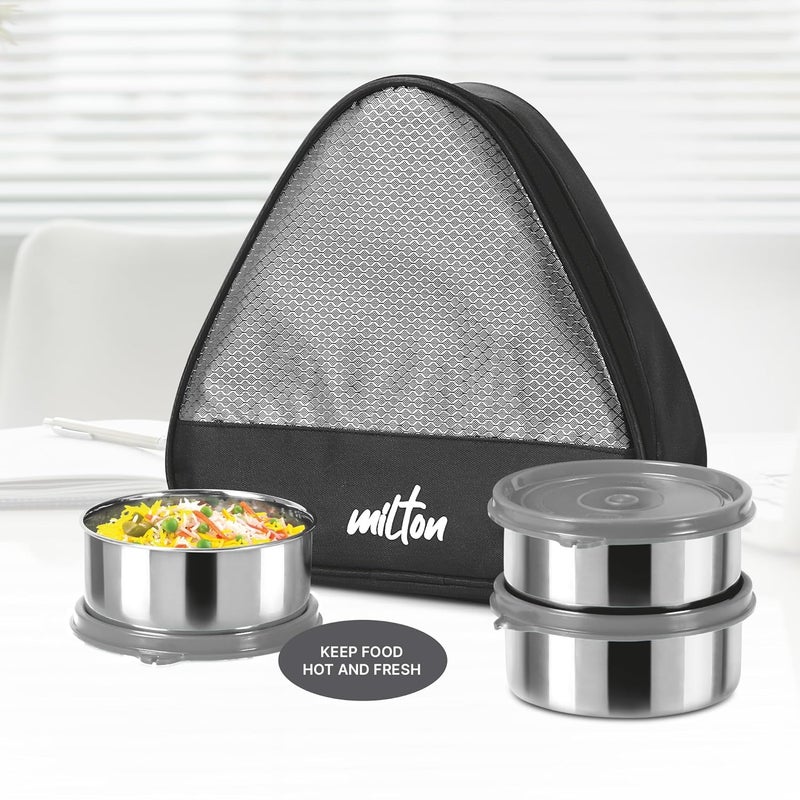 Milton MILTON Trident Stainless Steel Lunch Box (3 Leak Proof Round Containers, 320 ml Each, 1 Spoon) with Insulated Jacket, Grey  - Image 5