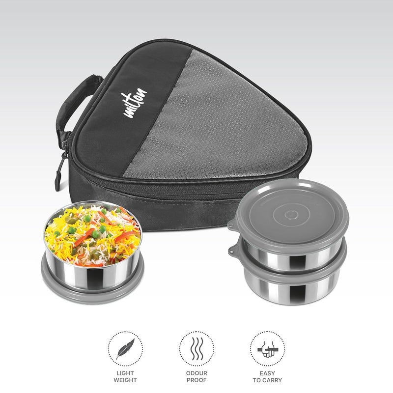 Milton MILTON Trident Stainless Steel Lunch Box (3 Leak Proof Round Containers, 320 ml Each, 1 Spoon) with Insulated Jacket, Grey  - Image 3