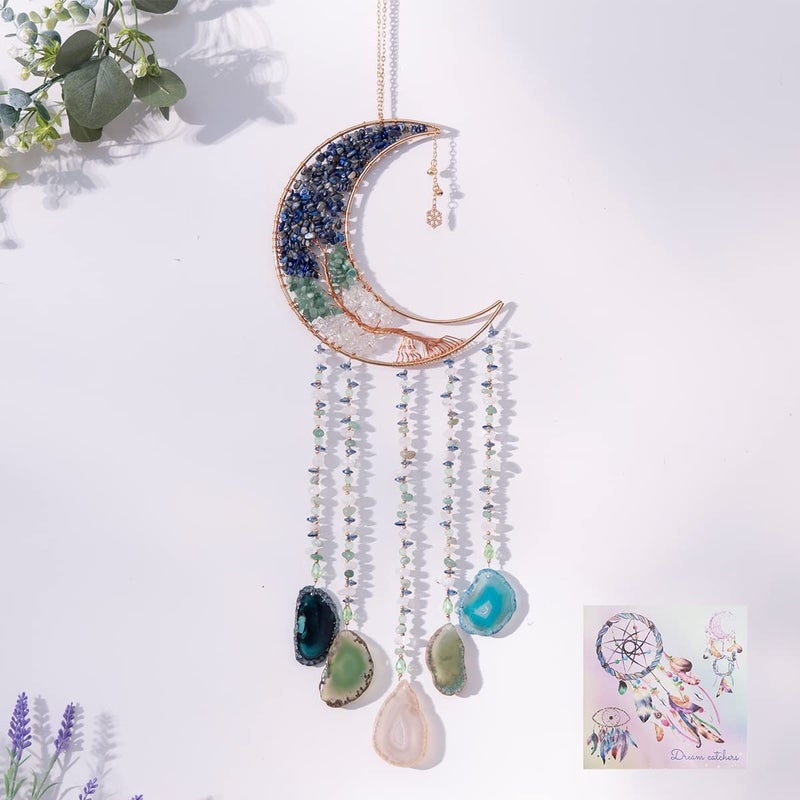 Agate Moon Dream Catchers with Crystal Life Tree Gemstone Dream Catchers Natural Gem Agate Wall Hangings Room Garden Dreamcatchers Decor Colorful