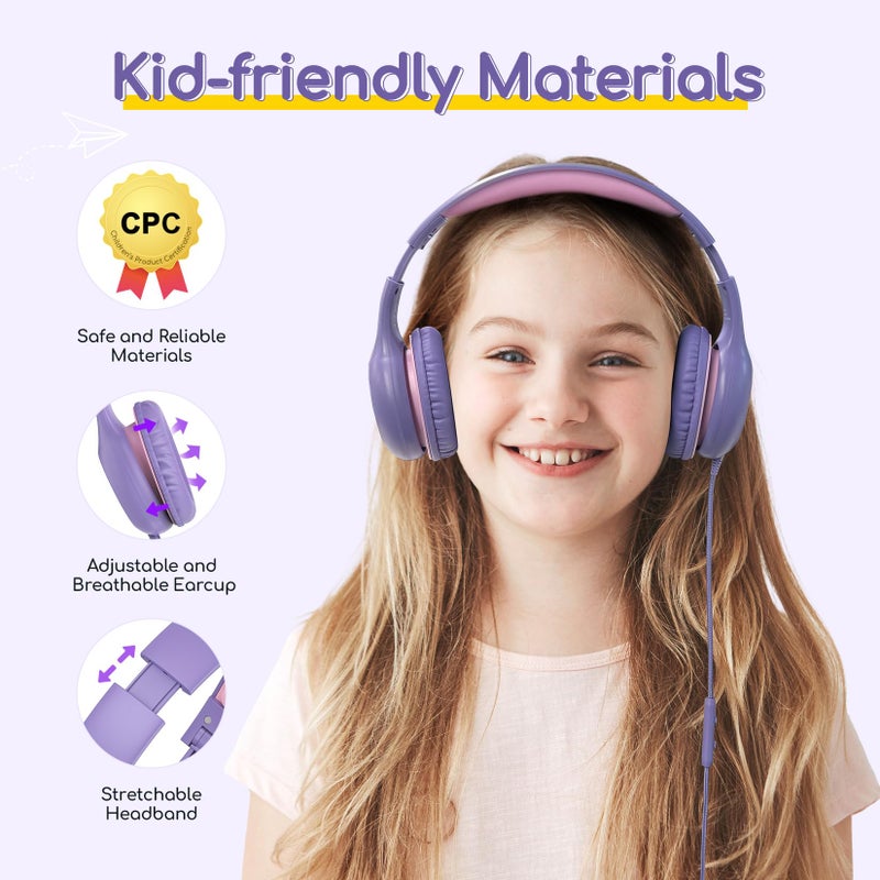 EarFun Kids Headphones Wired with Microphone, 85/94dB Volume Limit Headphones for Kids, Portable Wired Headphone with Shareport, Stereo Sound Foldable Headset for School/Tablet/iPad, Violet Pink - Image 4
