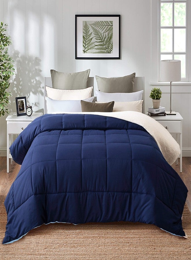 EVOLIVE All Season Pre Washed Soft Microfiber Down Alternative Reversible Comforter with Box Stitching (Navy/Light Blue, Full/Queen) - Image 3
