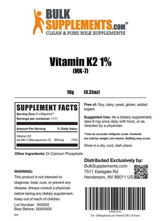 BULKSUPPLEMENTS.COM - Vitamin K2 Powder Vitamin K2 Mk7 Vitamin K2 Supplement Mk7 Vitamin K2 Vit K2 Mk7 For Bone Health 90Mcg (9Mg) Of Vitamin K2 Mk7 Per Serving (10 Grams 0.35 Oz) - Image 1