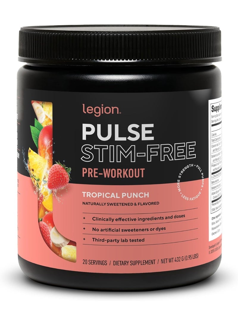LEGION Pulse Pre Workout Tropical Punch (Caffeine Free) – Natural Nitric Oxide Booster with Citrulline, Beta-Alanine & Alpha-GPC - Image 1