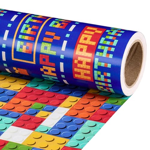 RUSPEPA Reversible Boys Birthday Wrapping Paper Roll Mini Roll Colorful Pixel Art and Building Block Design Funny Fortnite Gift Wrap Paper for Birthday Gaming Theme Party 17 Inches x 164 Feet - Image 1