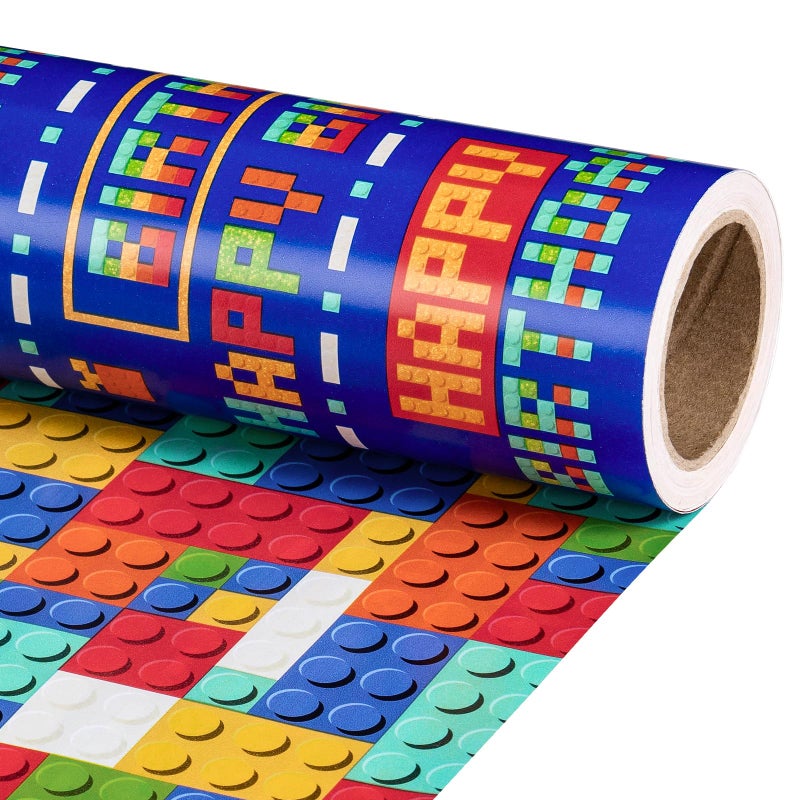 RUSPEPA Reversible Boys Birthday Wrapping Paper Roll Mini Roll Colorful Pixel Art and Building Block Design Funny Fortnite Gift Wrap Paper for Birthday Gaming Theme Party 17 Inches x 164 Feet - Image 2