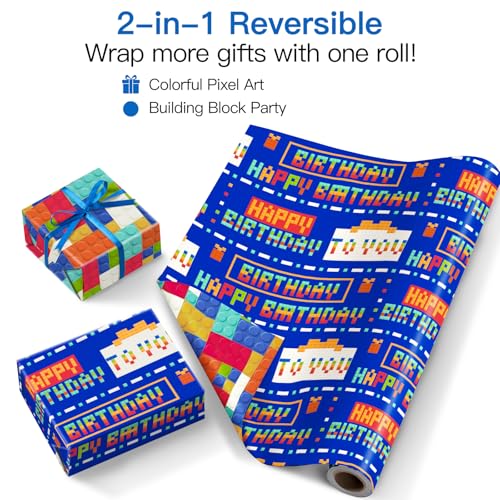 RUSPEPA Reversible Boys Birthday Wrapping Paper Roll Mini Roll Colorful Pixel Art and Building Block Design Funny Fortnite Gift Wrap Paper for Birthday Gaming Theme Party 17 Inches x 164 Feet - Image 3