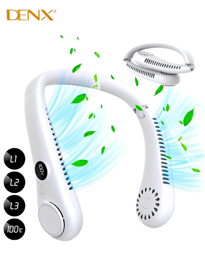 دينكس مروحة رقبة يمكن ارتداؤها - 5 سرعات، شاشة LCD، بطارية 4000 مللي أمبير في الساعة، تبريد بدون شفرات بزاوية 360 درجة - مروحة شخصية بدون استخدام اليدين للسفر والعمل والاستخدام الخارجي - أبيض - Image 1