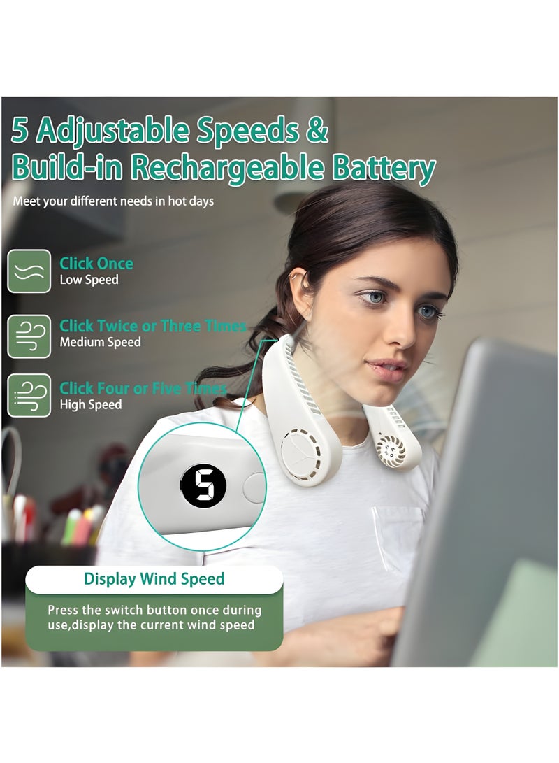 دينكس مروحة رقبة يمكن ارتداؤها - 5 سرعات، شاشة LCD، بطارية 4000 مللي أمبير في الساعة، تبريد بدون شفرات بزاوية 360 درجة - مروحة شخصية بدون استخدام اليدين للسفر والعمل والاستخدام الخارجي - أبيض - Image 3