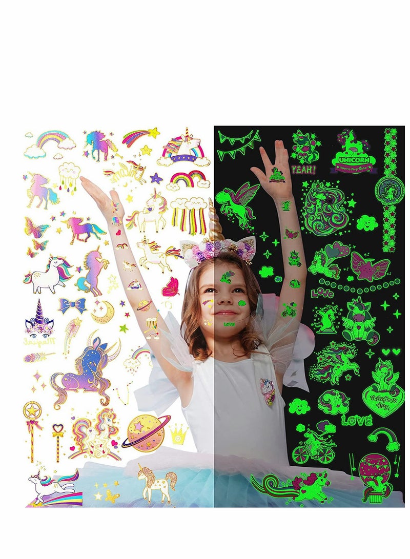 SYOSI Unicorn Temporary Tattoos, Unicorn Tattoos Stickers, Fake Girl's Colourful Luminous Temporary Unicorn Tattoo Glow in the Dark for Girl Kid Unicorn Birthday Decoration, 8 Sheets(4 flashes + 4 luminous) - Image 1