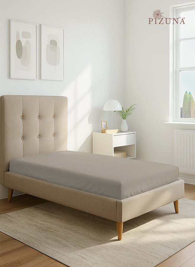 PIZUNA Pure Combed Cotton Fitted Bedsheet Single 90x200 cm, Simply Taupe, 400 Thread Count Cool Luxury Soft 100% Long Staple Cotton Sateen Weave, 40cm Deep Pocket Sheet (Fitted Sheet -1PC) - Image 1