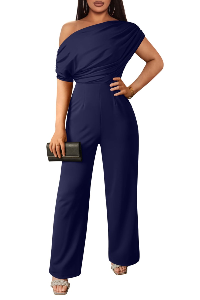 YMDUCH Women's Casual Sleeveless Off Shoulder Wide Leg Long Pant Jumpsuits Navy - Image 1