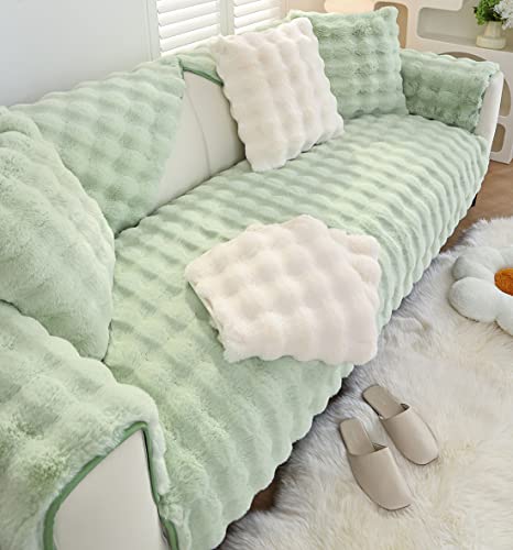 XSlive Soft Warm Faux Fur Couch Sofa Cover Thick Shaggy Fuzzy Sectional Couch Cover Non-Slip Solid Color Plush Sofa Slipcover Furniture Protector for Kids, Pets (Light Green,43"x43") - Image 1
