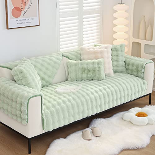 XSlive Soft Warm Faux Fur Couch Sofa Cover Thick Shaggy Fuzzy Sectional Couch Cover Non-Slip Solid Color Plush Sofa Slipcover Furniture Protector for Kids, Pets (Light Green,43"x43") - Image 2
