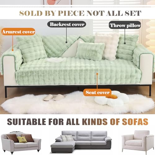 XSlive Soft Warm Faux Fur Couch Sofa Cover Thick Shaggy Fuzzy Sectional Couch Cover Non-Slip Solid Color Plush Sofa Slipcover Furniture Protector for Kids, Pets (Light Green,43"x43") - Image 3