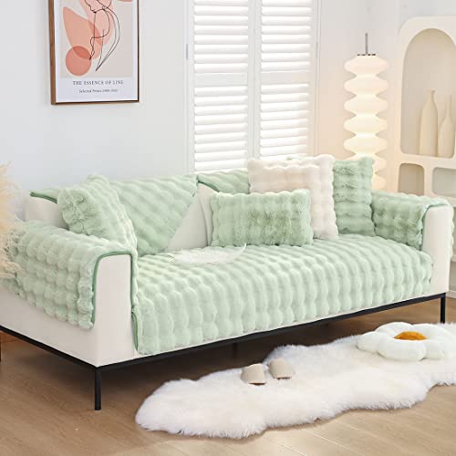 XSlive Soft Warm Faux Fur Couch Sofa Cover Thick Shaggy Fuzzy Sectional Couch Cover Non-Slip Solid Color Plush Sofa Slipcover Furniture Protector for Kids, Pets (Light Green,43"x43") - Image 4