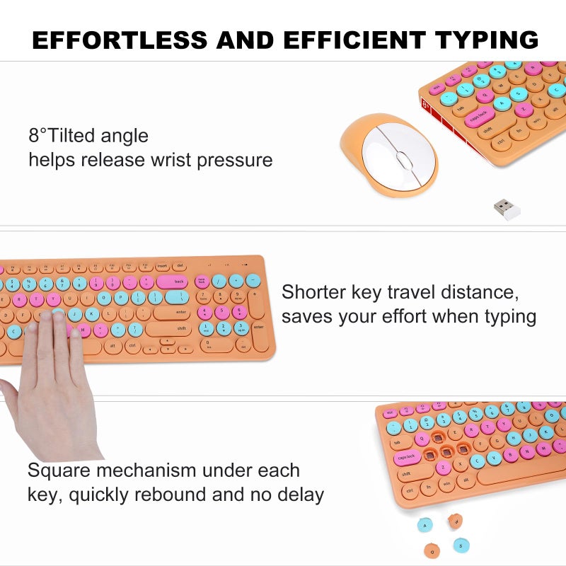GUKJOB Wireless Keyboard and Mouse Combo, Retro Typewriter Keyboard with Round Keycaps, 2.4GHz USB Cute Wireless Keyboard Mouse for Computer, Desktop, Laptop and Computer (Orange Colorful) - Image 4