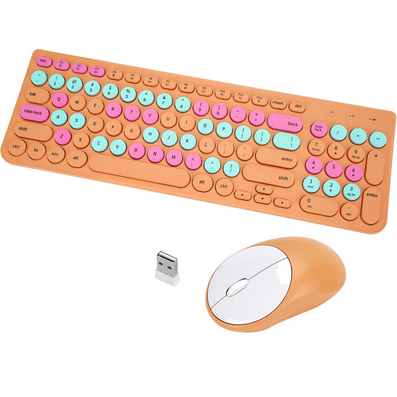 GUKJOB Wireless Keyboard and Mouse Combo, Retro Typewriter Keyboard with Round Keycaps, 2.4GHz USB Cute Wireless Keyboard Mouse for Computer, Desktop, Laptop and Computer (Orange Colorful) - Image 1