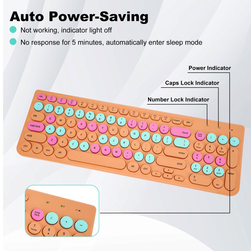 GUKJOB Wireless Keyboard and Mouse Combo, Retro Typewriter Keyboard with Round Keycaps, 2.4GHz USB Cute Wireless Keyboard Mouse for Computer, Desktop, Laptop and Computer (Orange Colorful) - Image 3