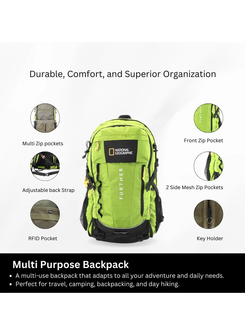 ناشيونال چيوغرافيك National Geographic Destination 40L Backpack Lime, Durable Water Resistant Polyester Secure RFID Pocket Lightweight Green Bag With Raincover, 2 Side Waist Belt Protection For Men Women Trekking Hiking Camping Outdoor Travel