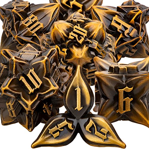 ARUOHHA DND Metal Dice Set Ancient Gold Leaf Design Polyhedral Dice with Box 7PCS D and D Dice RPG Role Playing Games D20 D12 D10 D8 D6 - Image 1