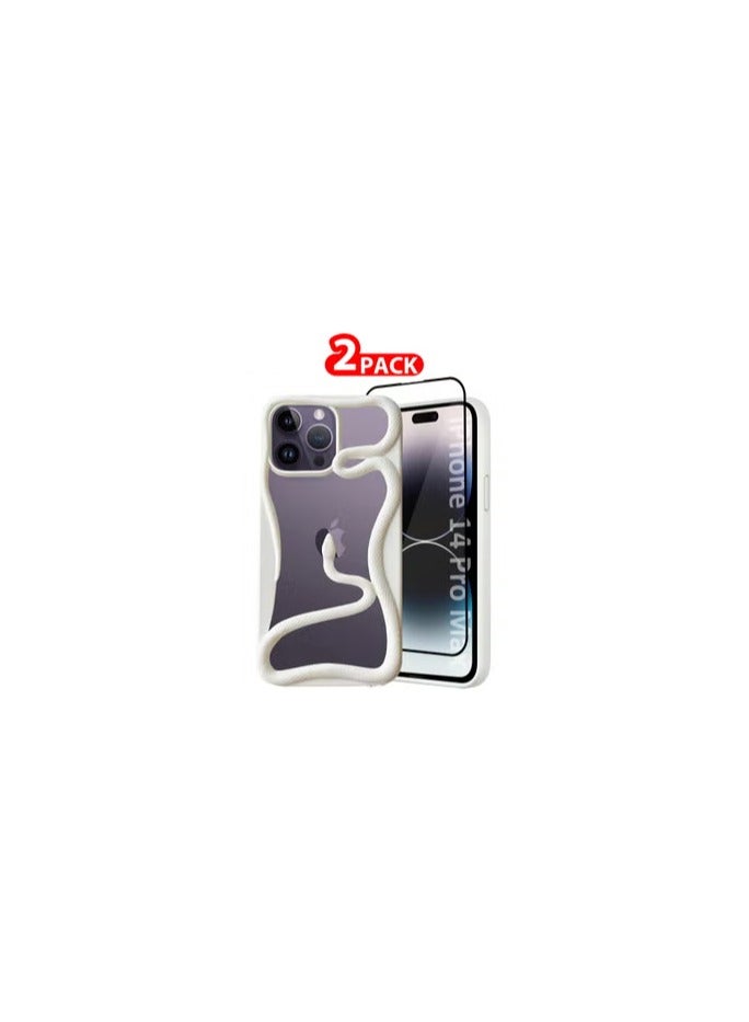 CATANES iPhone 14 Pro Max 2Packs Snake Case Cover Soft TPU and Glossy with 3D Shockproof Screen Protector - White - Image 1