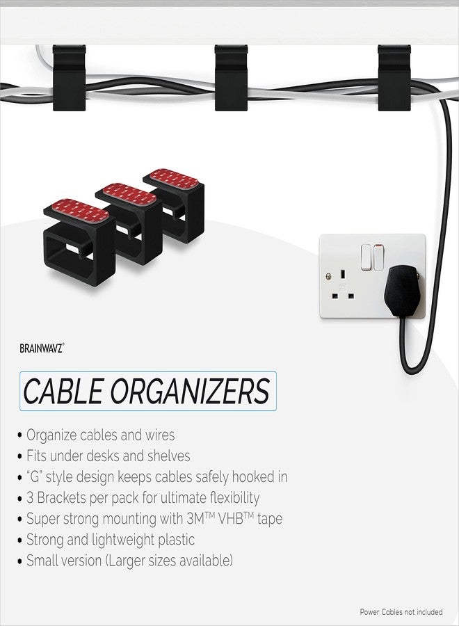 BRAINWAVZ 3pc VHB Adhesive Cable Organizer Holder, for Heavy Cables, PC Cords & Wires with Strong Adhesive, Under Desk Mount Management - Small (Black) - Image 3