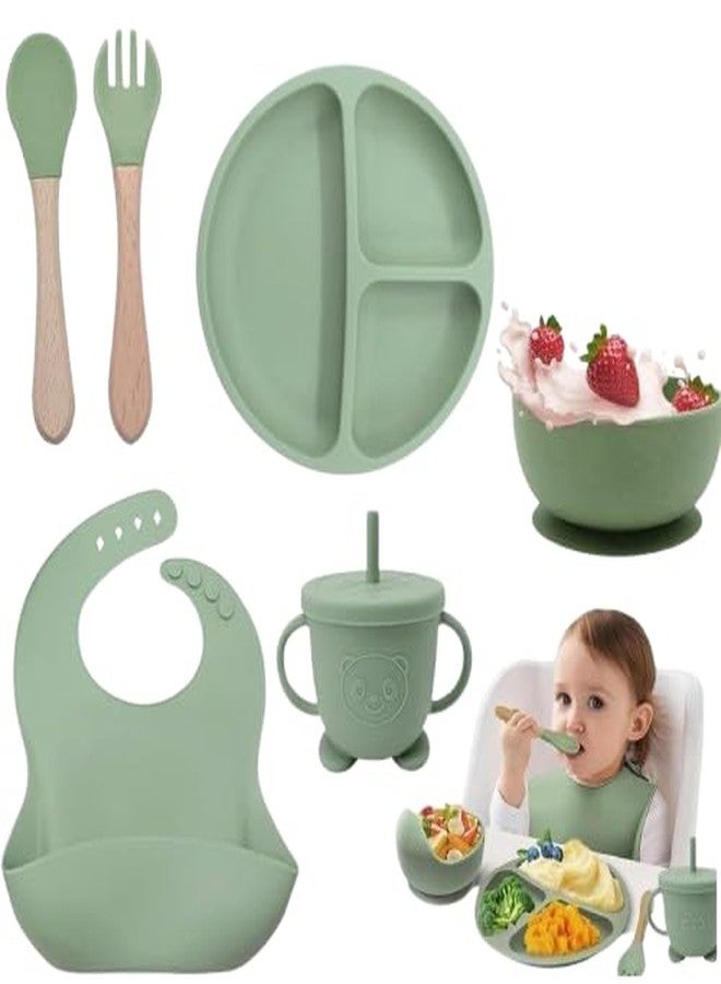 HITWA Silicone Feeding Set with Suction Plate, Bowl, Bib, Spoon, Fork & Cup | Durable BPA-Free Feeding Essentials for Infants & Toddlers (6 Pcs) (Green) - Image 1