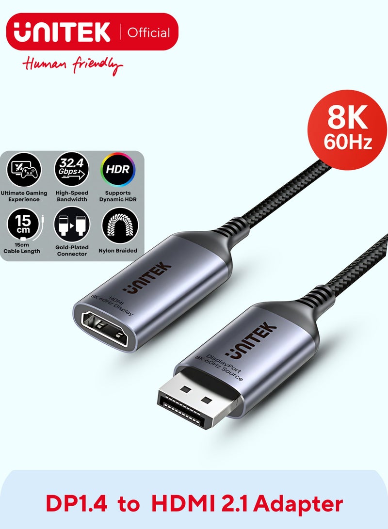 UNITEK محول UNITEK DisplayPort 1.4 إلى HDMI 2.1 – 8K@60Hz، 4K@120Hz، HDR، Dolby Atmos، سبيكة الألمنيوم، اتجاه واحد (من DP إلى HDMI) - Image 1