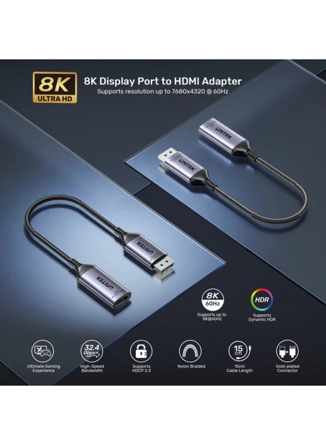 UNITEK محول UNITEK DisplayPort 1.4 إلى HDMI 2.1 – 8K@60Hz، 4K@120Hz، HDR، Dolby Atmos، سبيكة الألمنيوم، اتجاه واحد (من DP إلى HDMI) - Image 2