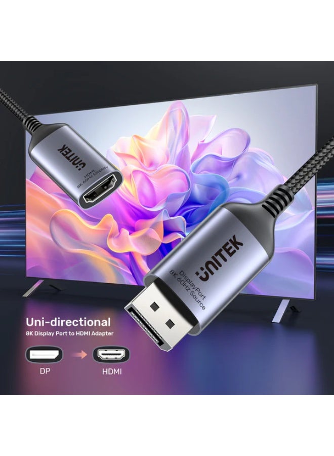 UNITEK محول UNITEK DisplayPort 1.4 إلى HDMI 2.1 – 8K@60Hz، 4K@120Hz، HDR، Dolby Atmos، سبيكة الألمنيوم، اتجاه واحد (من DP إلى HDMI) - Image 3