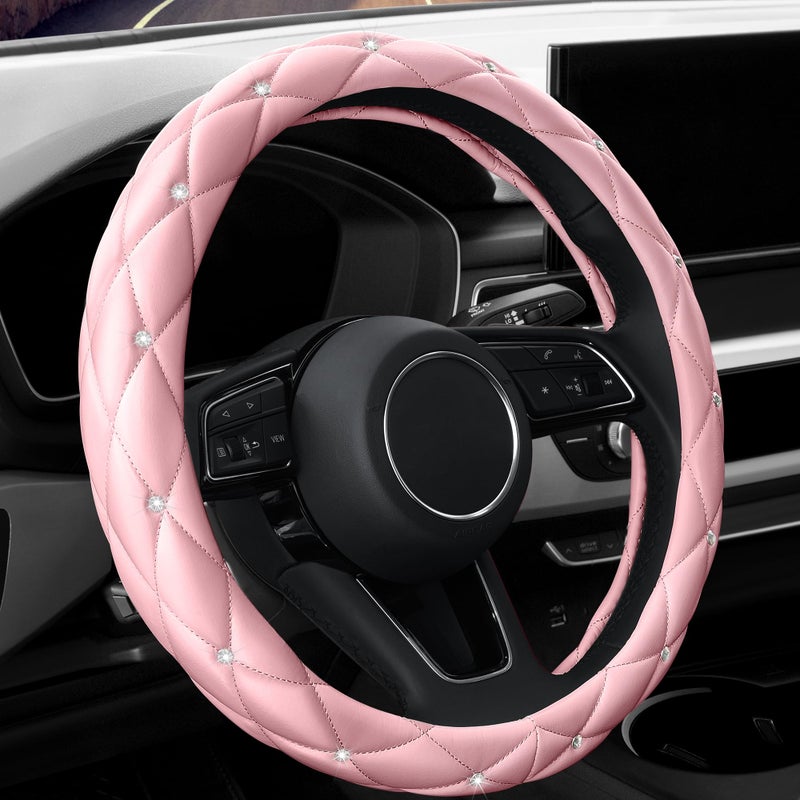 YOGURTCK Cute Diamond Soft Light Pink Leather AntiSlip Steering Wheel Cover with Bling Bling Crystal Rhinestones Universal 15 Inch for Women Girls Fit Vehicles Sedans SUVs Vans Trucks