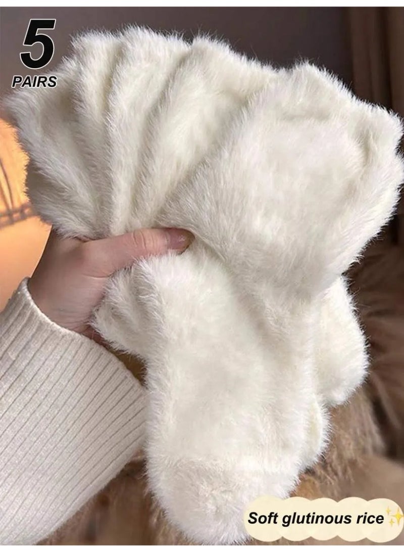 ٥ أزواج من جوارب نسائية بلون سادة، مبطنة بالفرو، دافئة بطول متوسط لفصلي الخريف والشتاء - Image 2