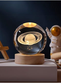 BUPY 3D Solar System Crystal Ball Night Light for Kids Glass Ball Night Lamp with Wood Base Fantasy Decor Crsytal Ball Gifts LED Galaxy Planet NightLights Brithday Gifts for Boys Girls (Saturn)  - Image 1