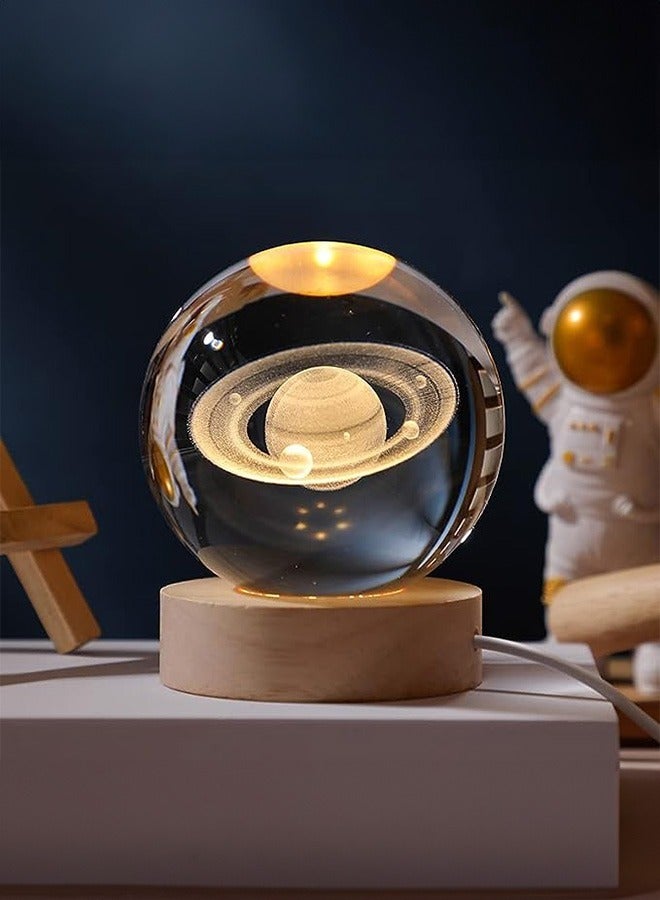 BUPY 3D Solar System Crystal Ball Night Light for Kids Glass Ball Night Lamp with Wood Base Fantasy Decor Crsytal Ball Gifts LED Galaxy Planet NightLights Brithday Gifts for Boys Girls (Saturn) - Image 1