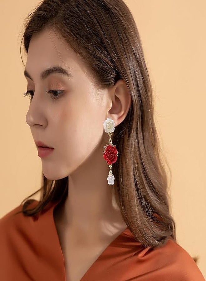 El Regalo Vintage Resin Rose Flower Stud Earrings for Girls & Women - Pretty Blooming Carved Rose Dangle Drop Earrings Statement Jewelry (White & Red) - Image 3