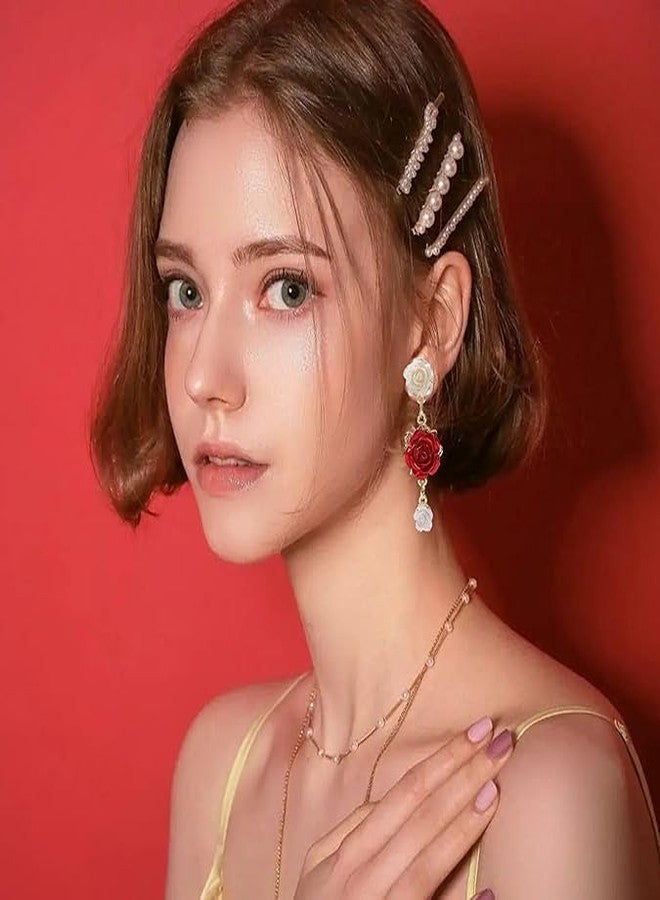 El Regalo Vintage Resin Rose Flower Stud Earrings for Girls & Women - Pretty Blooming Carved Rose Dangle Drop Earrings Statement Jewelry (White & Red) - Image 2