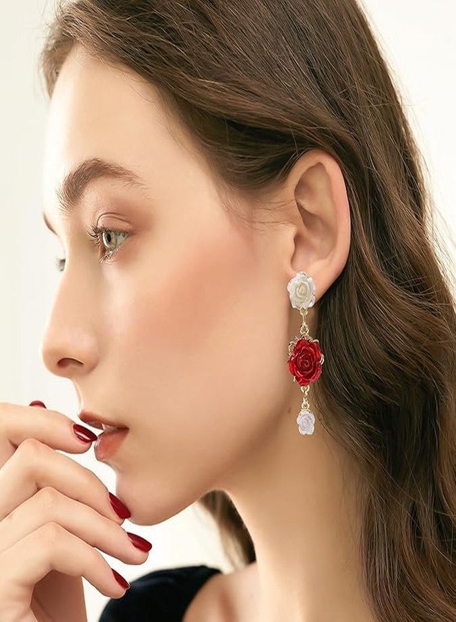 El Regalo Vintage Resin Rose Flower Stud Earrings for Girls & Women - Pretty Blooming Carved Rose Dangle Drop Earrings Statement Jewelry (White & Red) - Image 4