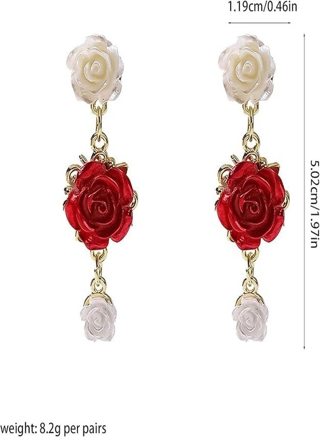El Regalo Vintage Resin Rose Flower Stud Earrings for Girls & Women - Pretty Blooming Carved Rose Dangle Drop Earrings Statement Jewelry (White & Red) - Image 5
