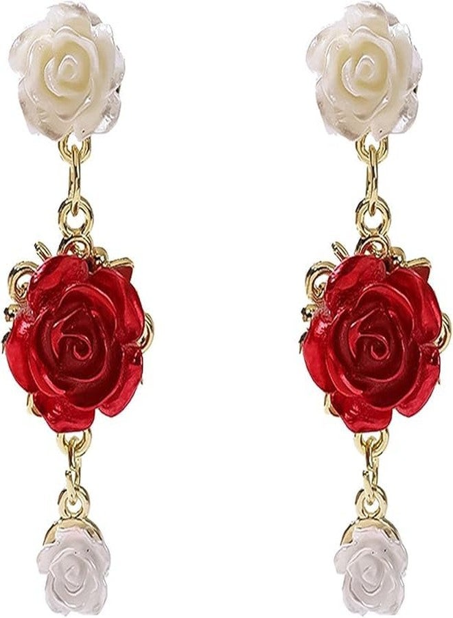 El Regalo Vintage Resin Rose Flower Stud Earrings for Girls & Women - Pretty Blooming Carved Rose Dangle Drop Earrings Statement Jewelry (White & Red) - Image 1