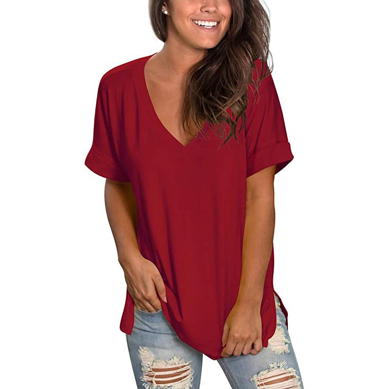 Trade 2022 Explosions V-Neck Solid Color Short-Sleeved Top Loose Women'S T-Shirt - Image 1