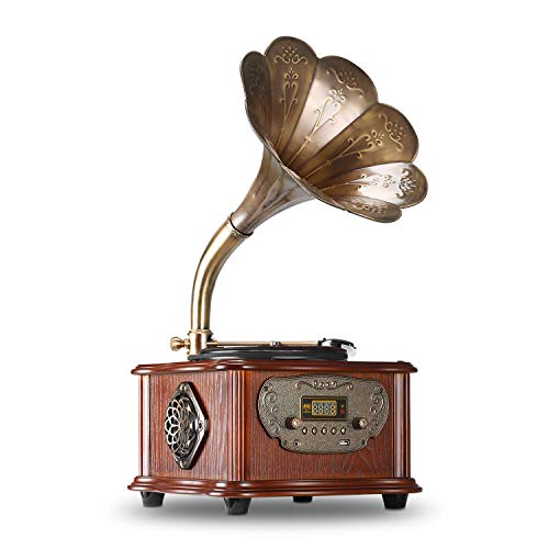 LuguLake Record Player Retro Turntable All in One Vintage Phonograph Nostalgic Gramophone for LP with Copper Horn, Built-in Speaker 3.5mm Aux-in/USB - Image 1