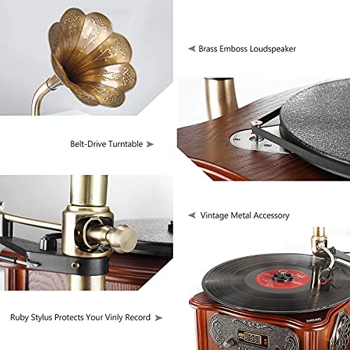 LuguLake Record Player Retro Turntable All in One Vintage Phonograph Nostalgic Gramophone for LP with Copper Horn, Built-in Speaker 3.5mm Aux-in/USB - Image 3
