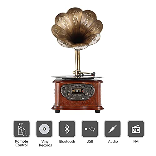 LuguLake Record Player Retro Turntable All in One Vintage Phonograph Nostalgic Gramophone for LP with Copper Horn, Built-in Speaker 3.5mm Aux-in/USB - Image 2