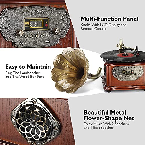 LuguLake Record Player Retro Turntable All in One Vintage Phonograph Nostalgic Gramophone for LP with Copper Horn, Built-in Speaker 3.5mm Aux-in/USB - Image 4