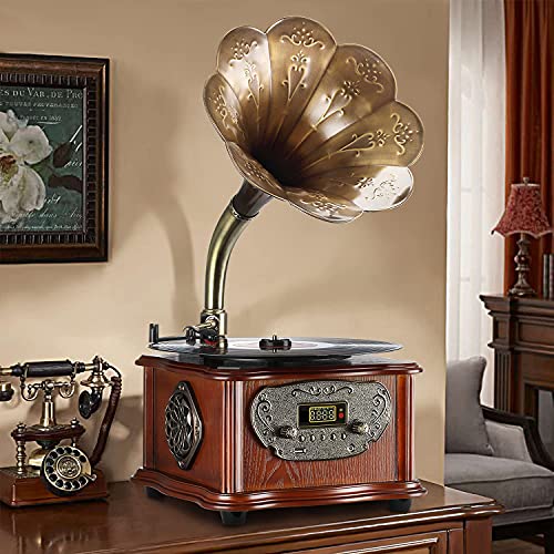 LuguLake Record Player Retro Turntable All in One Vintage Phonograph Nostalgic Gramophone for LP with Copper Horn, Built-in Speaker 3.5mm Aux-in/USB - Image 5